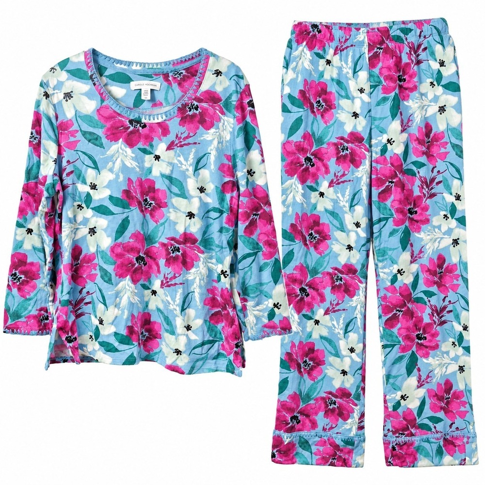 CAROLE HOCHMAN 100% Cotton 2-Piece Pant Pajama Set Sz L Dk Floral AOP Comfy Cozy